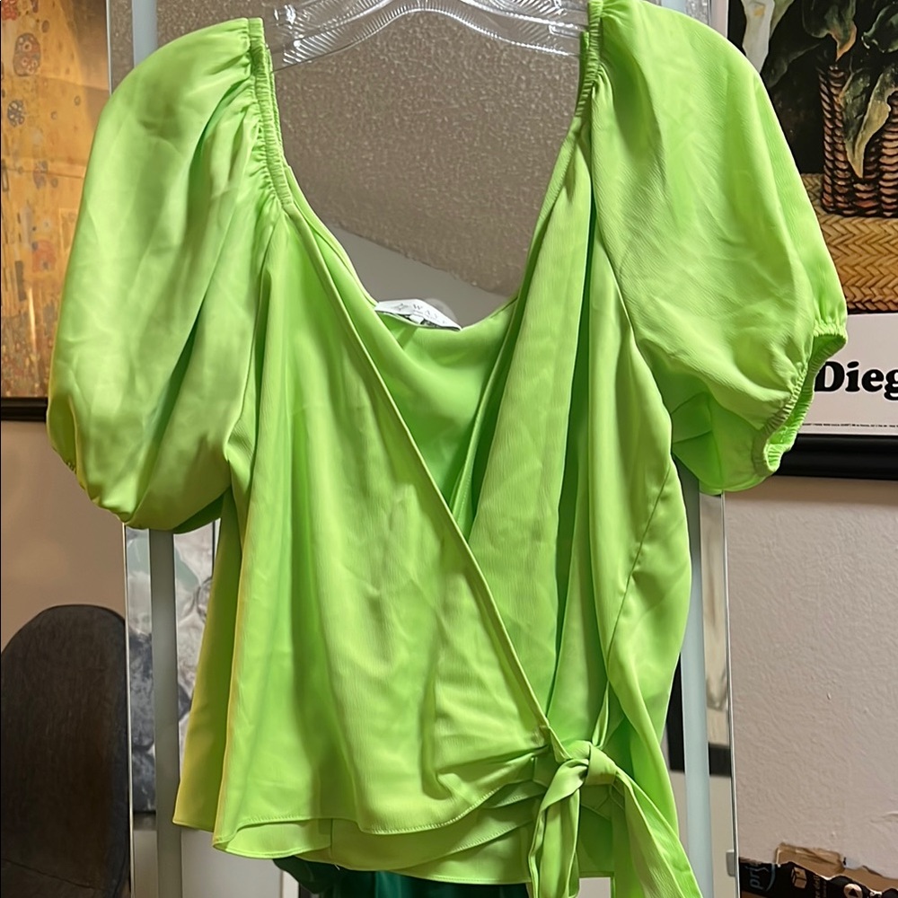 Lime Green Puff Sleeve Wrap Top